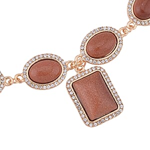 Gold Sandstone and White Austrian Crystal Necklace 18-20 Inches in Goldtone 74.50 ctw