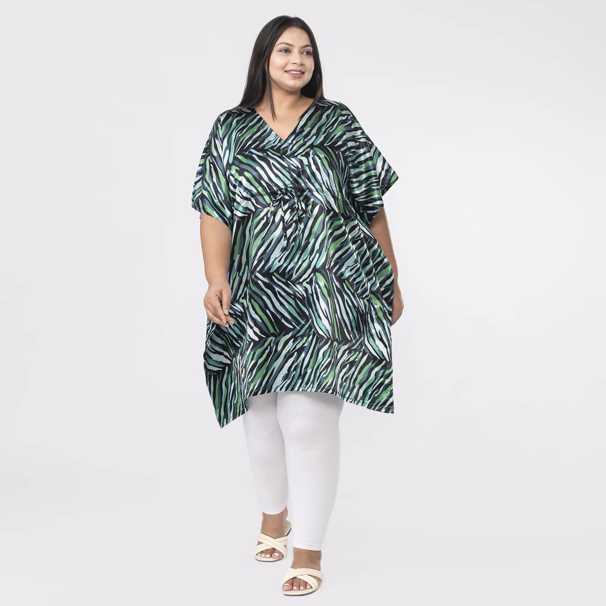 Tamsy Green Tropical Printed Kaftan with Drawstring - One Size Fits Most image number 0