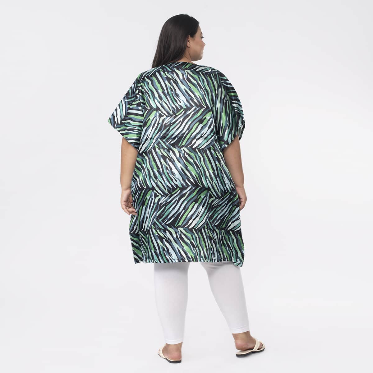 Tamsy Green Tropical Printed Kaftan with Drawstring - One Size Fits Most image number 1