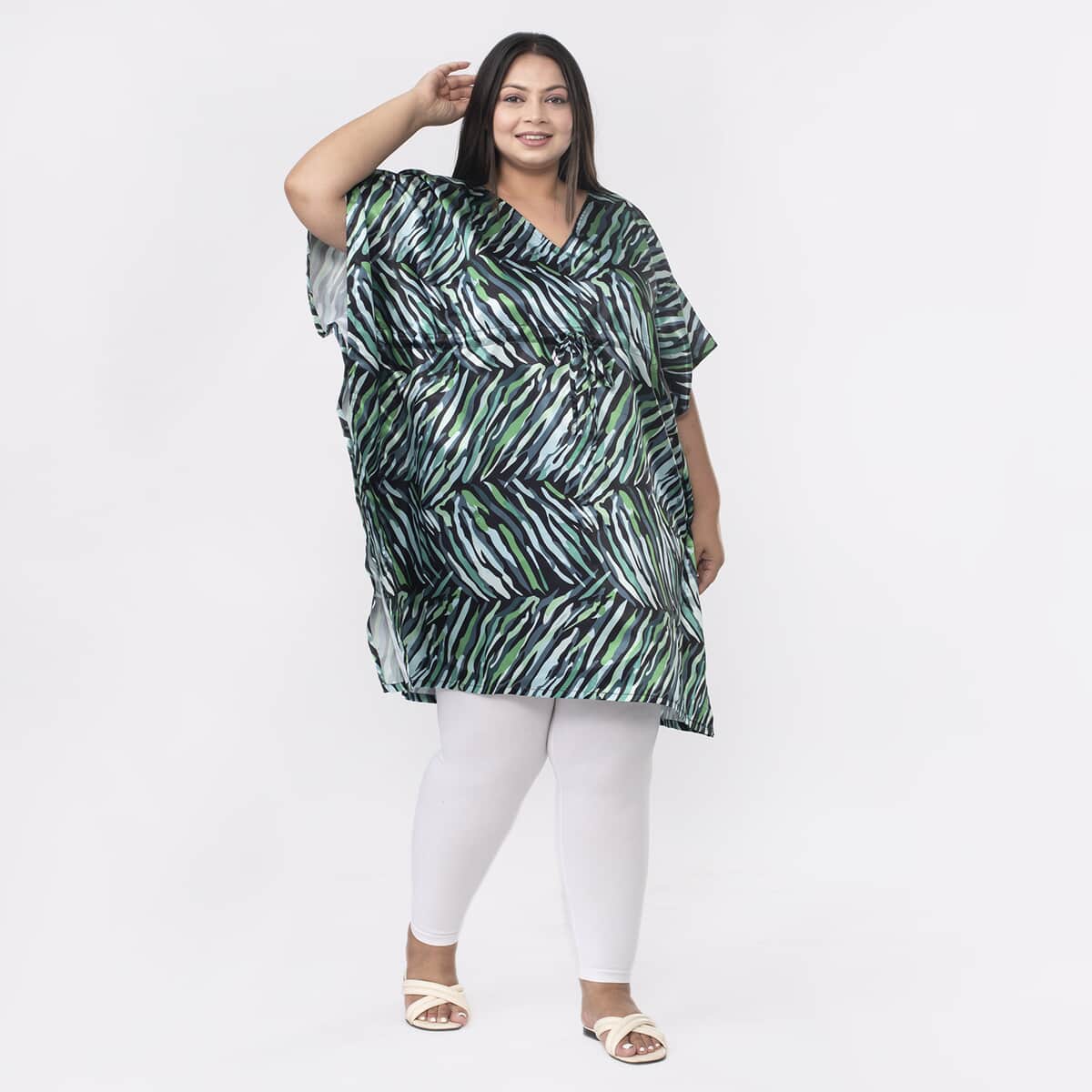 Tamsy Green Tropical Printed Kaftan with Drawstring - One Size Fits Most image number 2