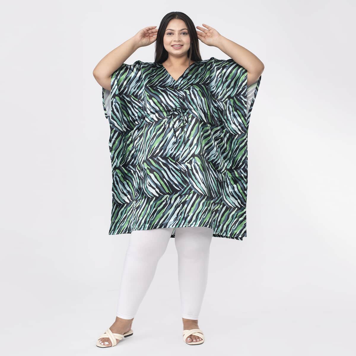 Tamsy Green Tropical Printed Kaftan with Drawstring - One Size Fits Most image number 3