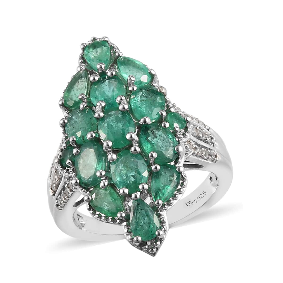 AAA Kagem Zambian Emerald and White Zircon Cluster Ring in Platinum Over Sterling Silver (Size 7.0) 3.60 ctw image number 0