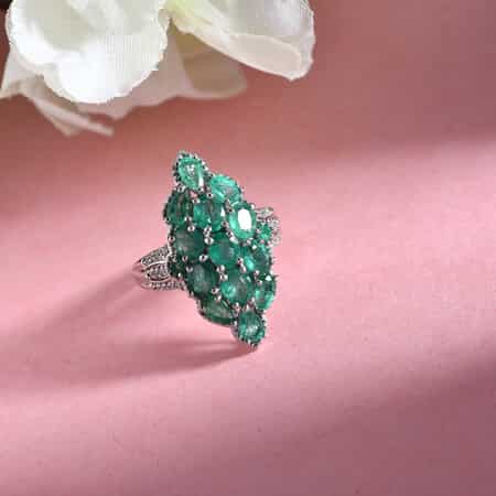 AAA Kagem Zambian Emerald and White Zircon Cluster Ring in Platinum Over Sterling Silver (Size 7.0) 3.60 ctw image number 1