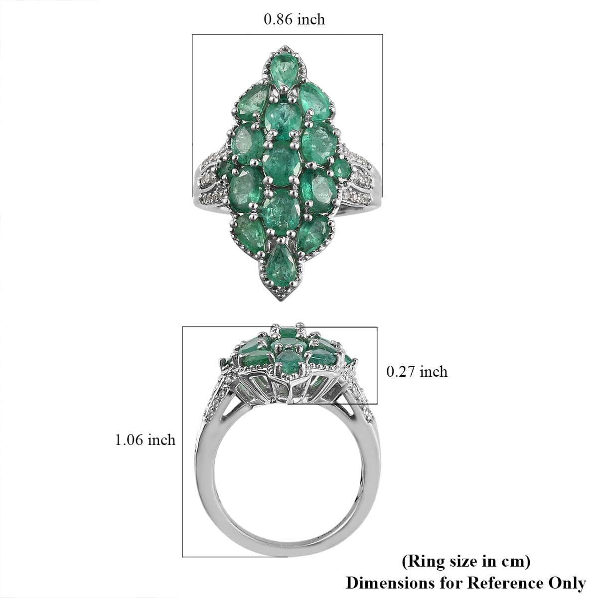 AAA Kagem Zambian Emerald and White Zircon Cluster Ring in Platinum Over Sterling Silver (Size 7.0) 3.60 ctw image number 5