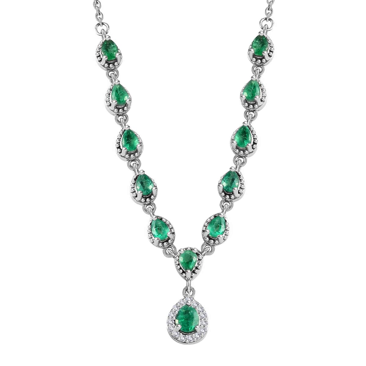 AAA Kagem Zambian Emerald and White Zircon Necklace 18 Inches in Platinum Over Sterling Silver 1.85 ctw image number 0