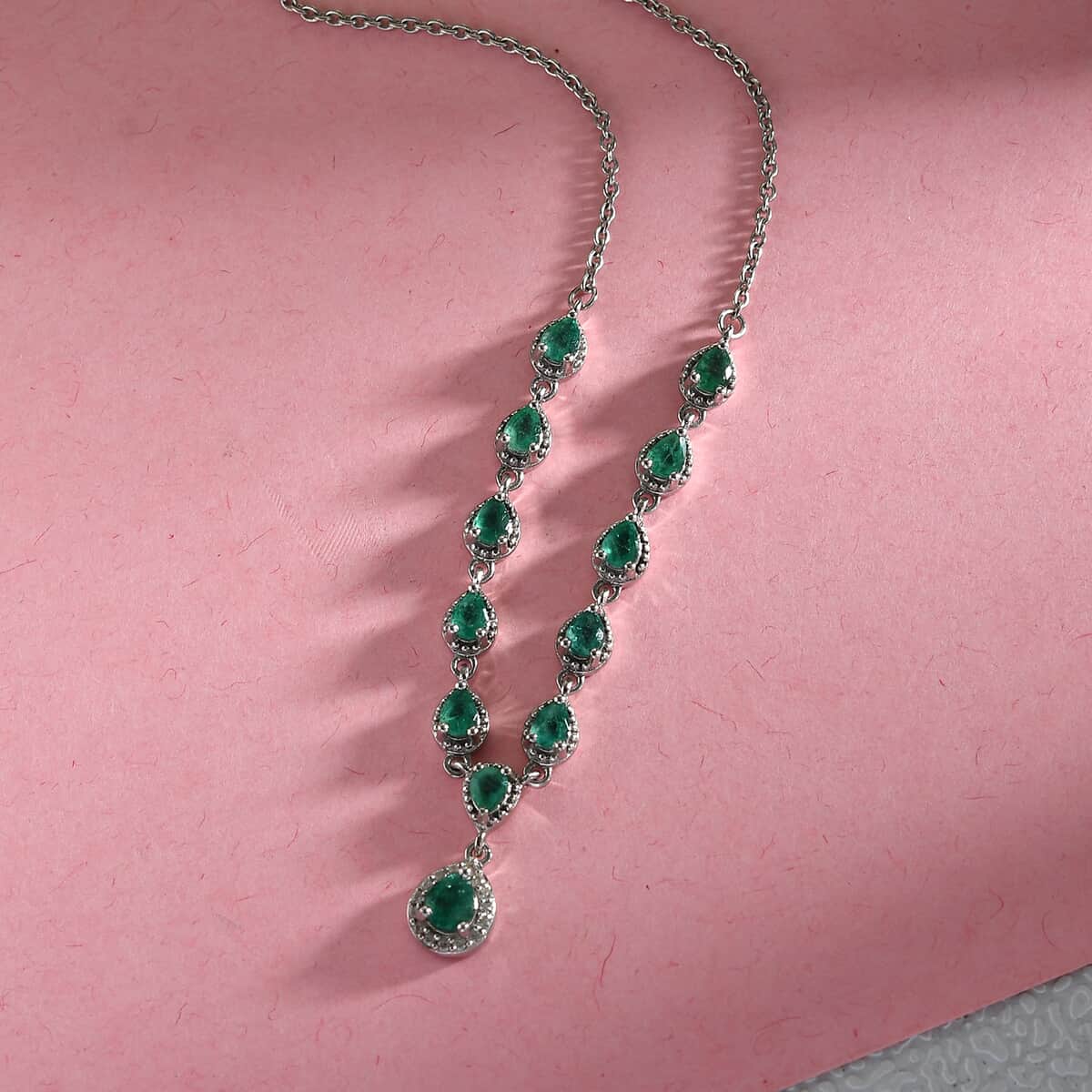 AAA Kagem Zambian Emerald and White Zircon Necklace 18 Inches in Platinum Over Sterling Silver 1.85 ctw image number 1