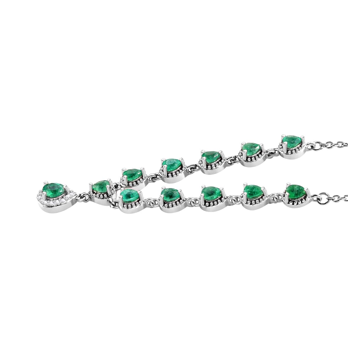 AAA Kagem Zambian Emerald and White Zircon Necklace 18 Inches in Platinum Over Sterling Silver 1.85 ctw image number 3