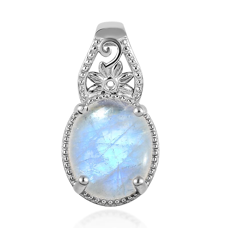 Kuisa Rainbow Moonstone Solitaire Pendant in Platinum Over Copper with Magnet 5.35 ctw