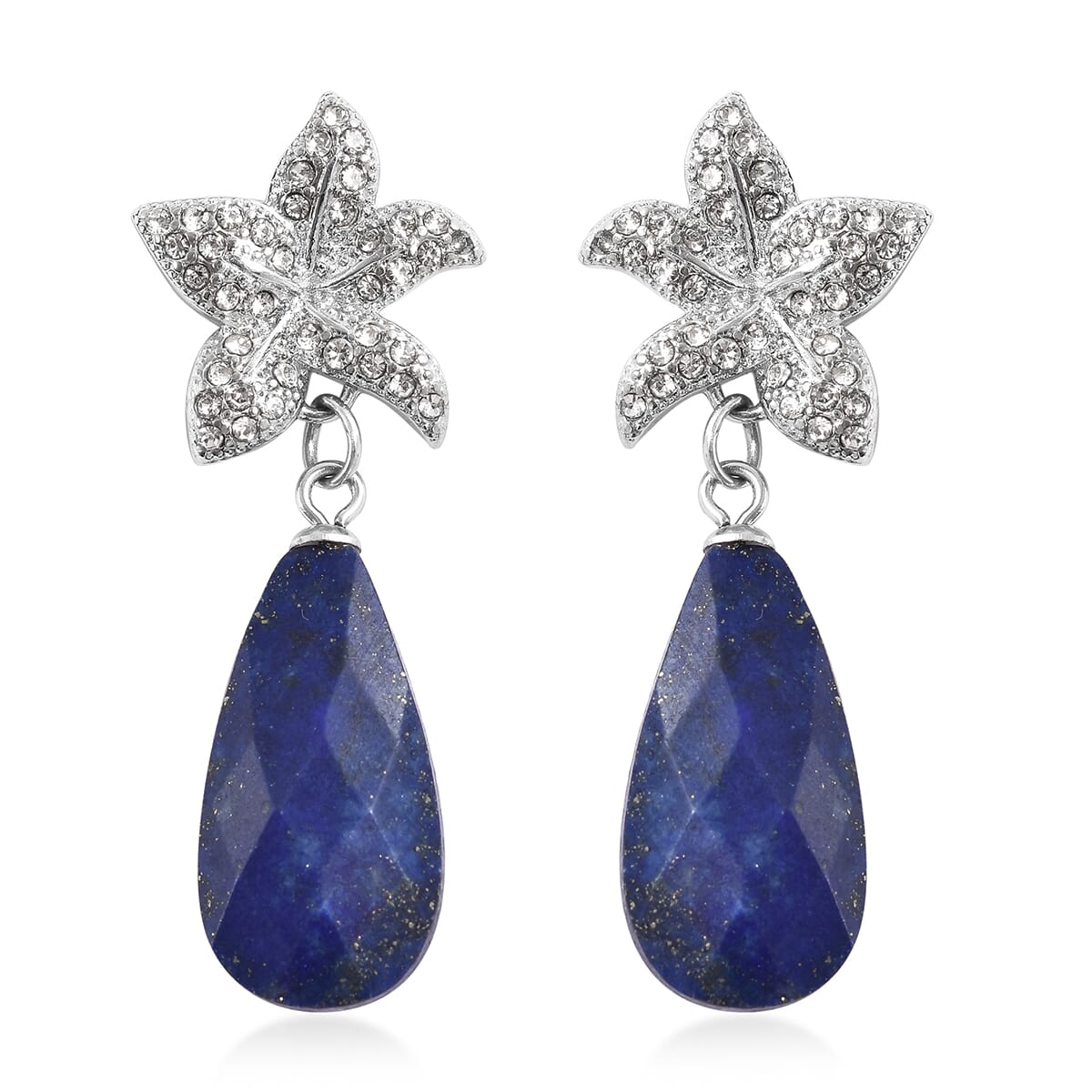 Lapis Lazuli, White Austriian Crystal Earrings in Stainless Steel 16.40 ctw image number 0