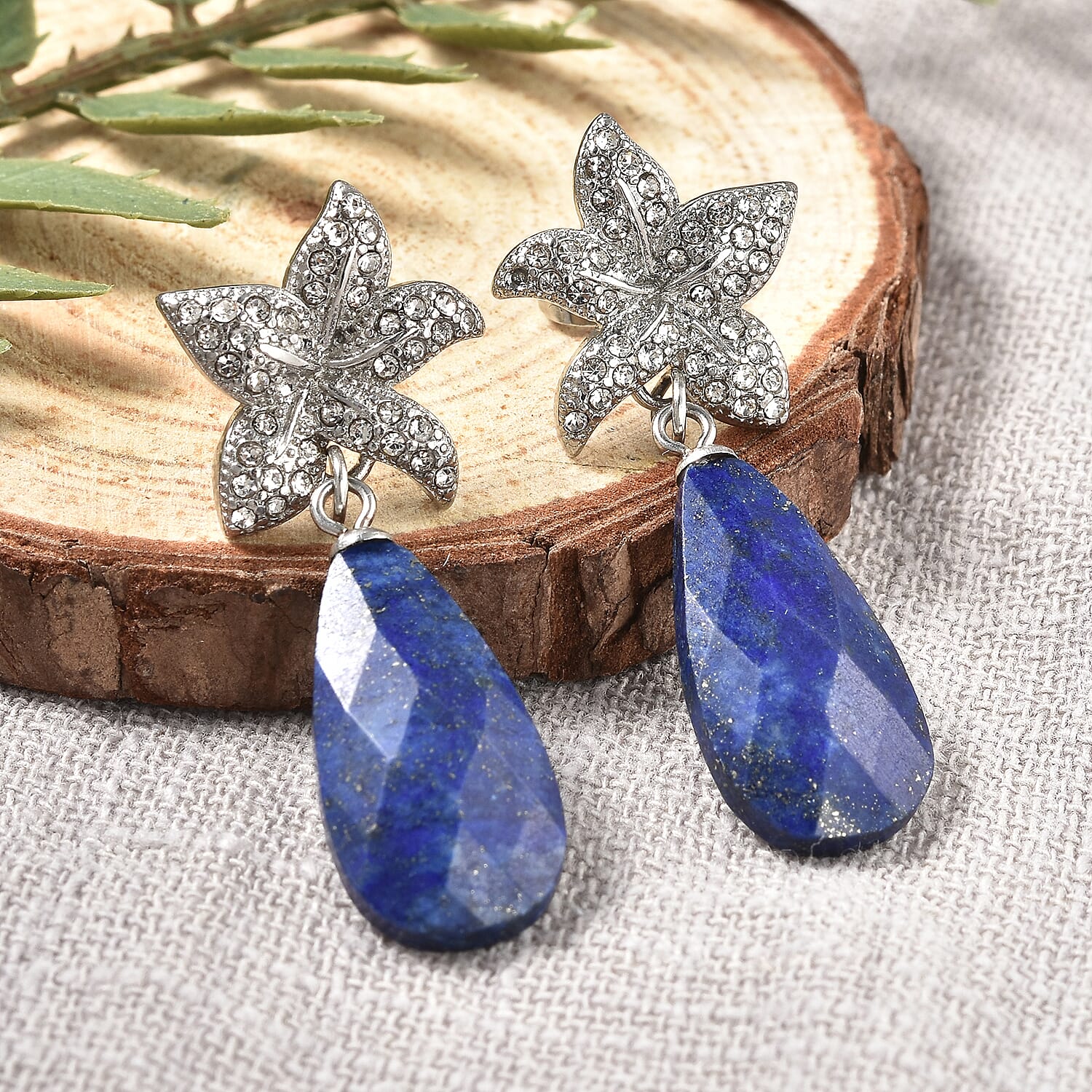 Lapis Lazuli and White Austrian Crystal Earrings in Stainless Steel 16.40 ctw