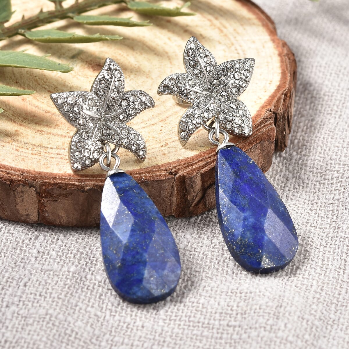 Lapis Lazuli, White Austriian Crystal Earrings in Stainless Steel 16.40 ctw image number 1