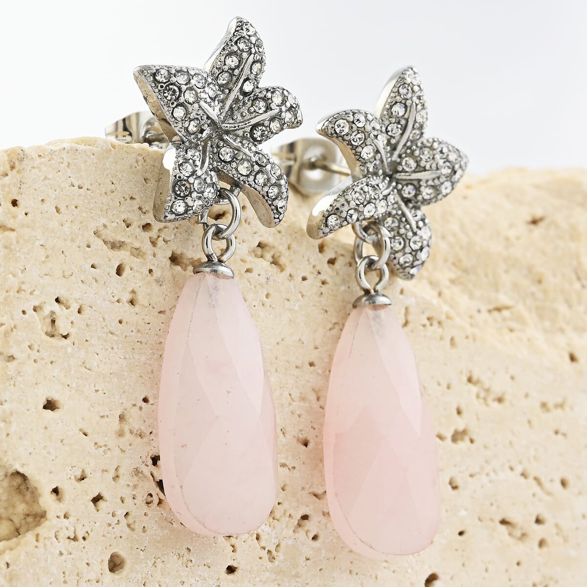 Galilea Rose Quartz and White Austrian Crystal Earrings in Stainless Steel 14.10 ctw image number 1