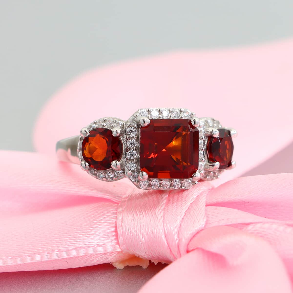 Brazilian Red Citrine and Zircon Ring in Platinum Over Sterling Silver (Size 6.0) 3.00 ctw image number 1