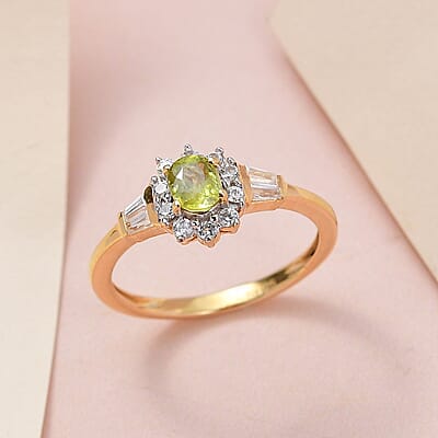 AAA Sava Sphene and White Zircon Sunburst Ring in Vermeil Yellow Gold Over Sterling Silver (Size 10.0) 1.00 ctw