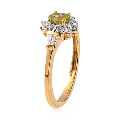 AAA Sava Sphene and White Zircon Sunburst Ring in Vermeil Yellow Gold Over Sterling Silver (Size 10.0) 1.00 ctw