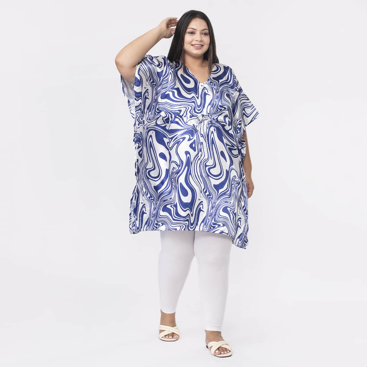 Tamsy Blue and White Oil Printed Kaftan with Drawstring - One Size Fits Most image number 0