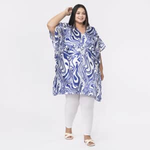 Tamsy Blue and White Oil Printed Kaftan with Drawstring - One Size Fits Most