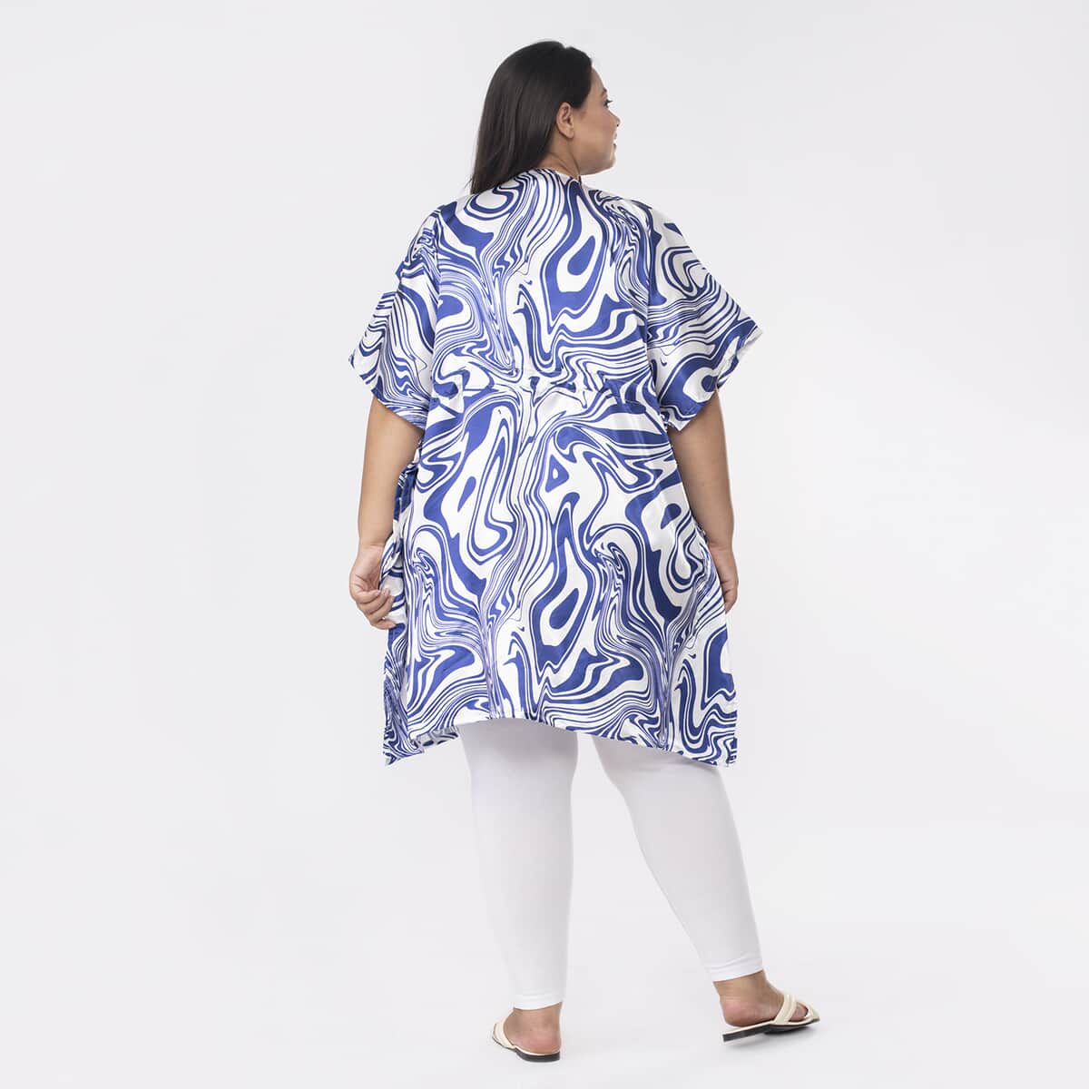 Tamsy Blue and White Oil Printed Kaftan with Drawstring - One Size Fits Most image number 1