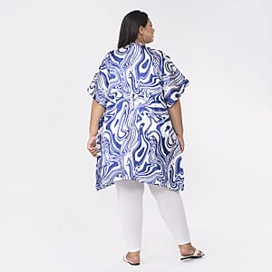 Tamsy Blue and White Oil Printed Kaftan with Drawstring - One Size Fits Most