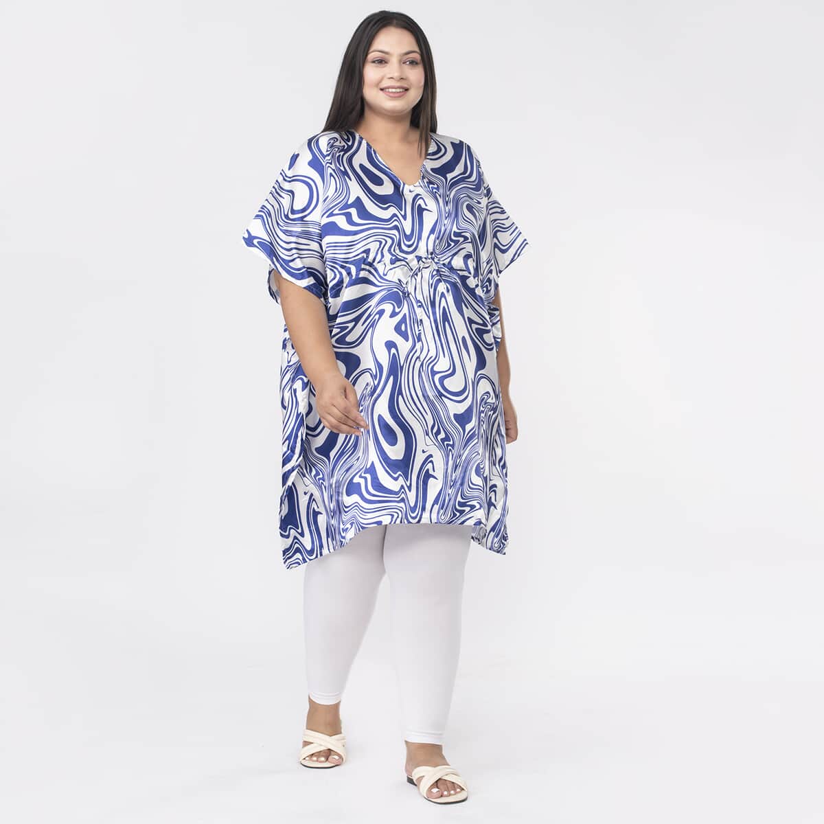 Tamsy Blue and White Oil Printed Kaftan with Drawstring - One Size Fits Most image number 2