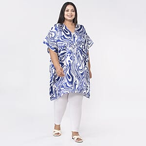 Tamsy Blue and White Oil Printed Kaftan with Drawstring - One Size Fits Most
