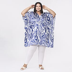 Tamsy Blue and White Oil Printed Kaftan with Drawstring - One Size Fits Most