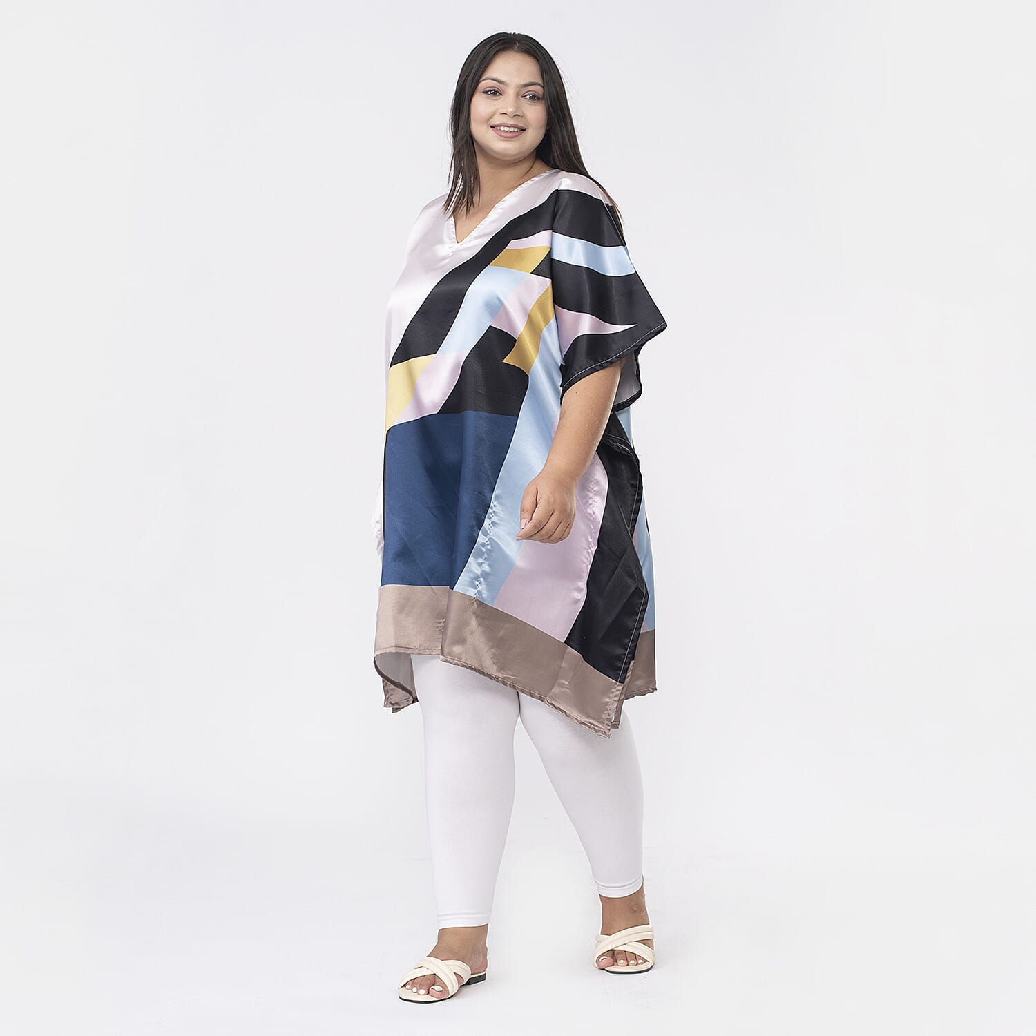 Tamsy Multi Color Abstract Printed Short Kaftan - One Size Fits Most