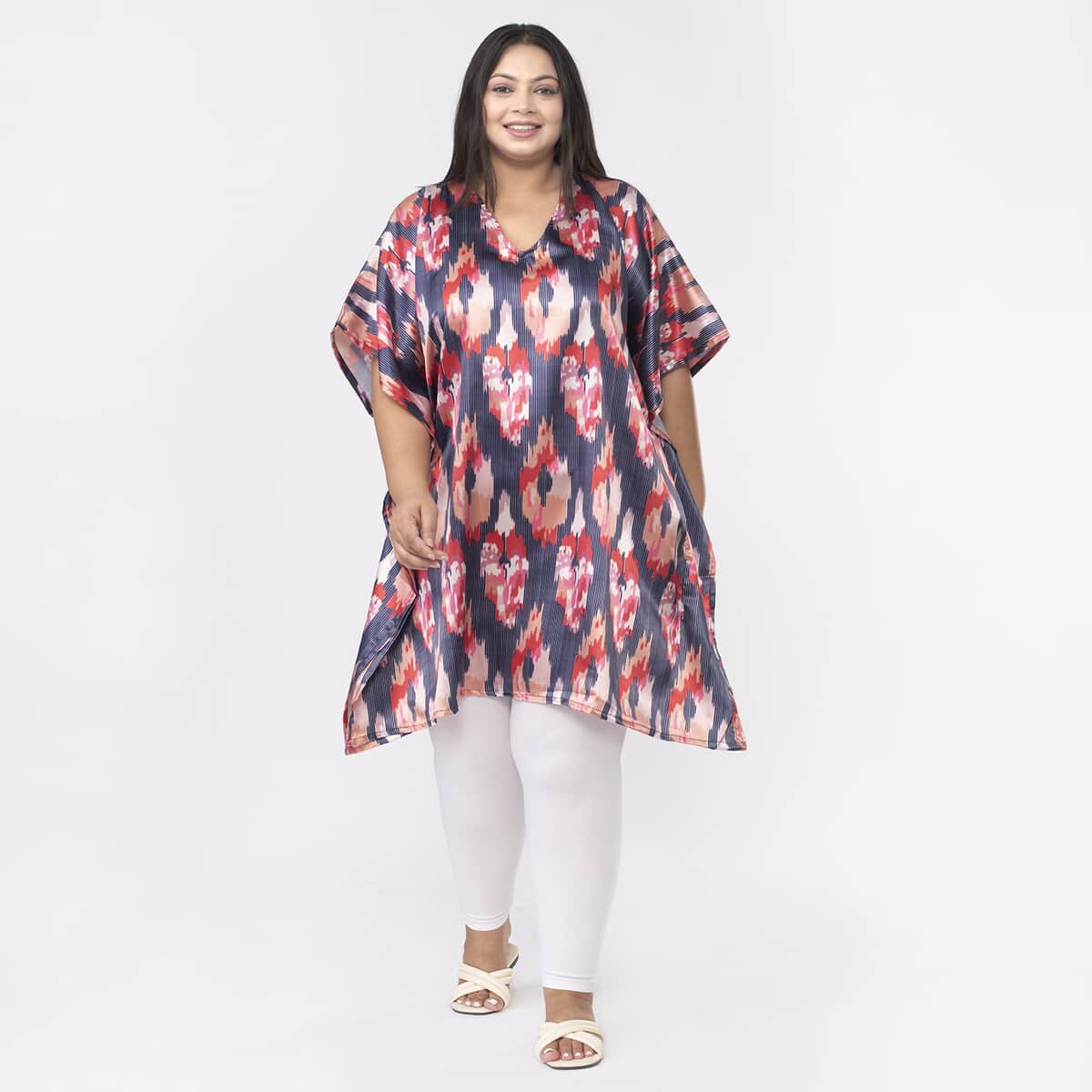 Tamsy Pink and Blue Ikat Printed Short Kaftan - One Size Fits Most image number 0