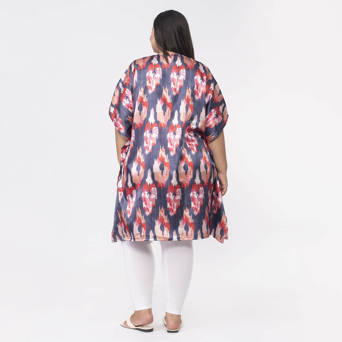 Tamsy Pink and Blue Ikat Printed Short Kaftan - One Size Fits Most image number 1