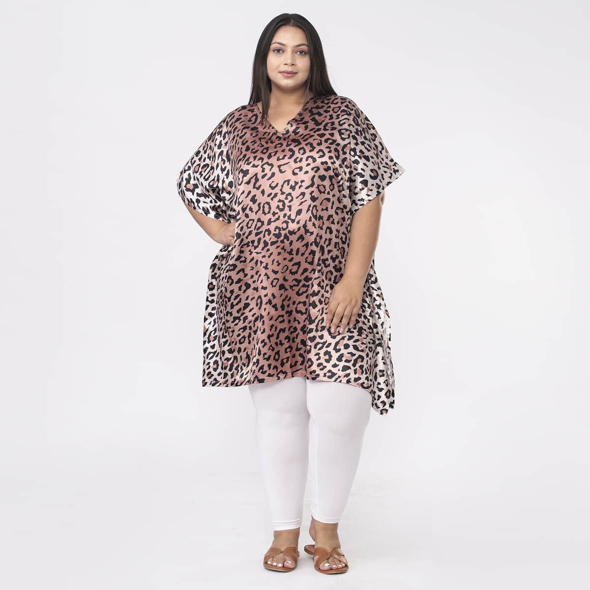 Tamsy Brown and Black Leopard Printed Short Kaftan - One Size Fits Most image number 0