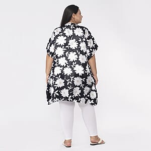 Tamsy Black and White Daisy Floral Printed Short Kaftan - One Size Fits Most