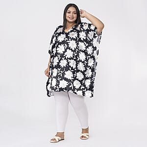 Tamsy Black and White Daisy Floral Printed Short Kaftan - One Size Fits Most