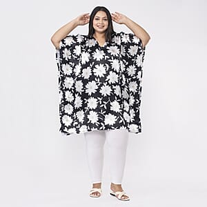 Tamsy Black and White Daisy Floral Printed Short Kaftan - One Size Fits Most