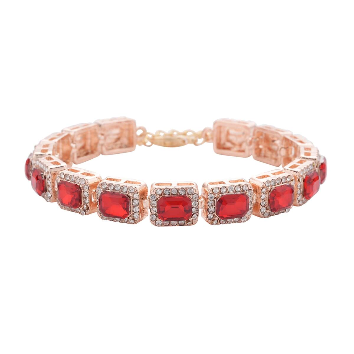 Red Glass and Austrian Crystal Tennis Bracelet in Rosetone (7-9In) image number 0