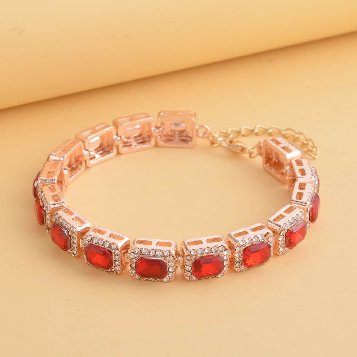 Red Glass and Austrian Crystal Tennis Bracelet in Rosetone (7-9In) image number 1