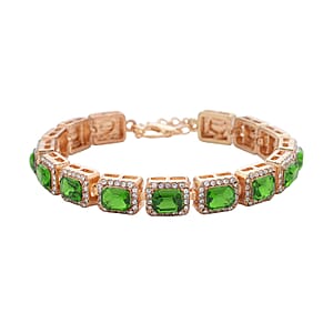Green Glass and Austrian Crystal Tennis Bracelet in Goldtone (7-9In)