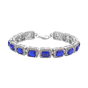 Blue Glass and Austrian Crystal Tennis Bracelet in Silvertone (7-9In)