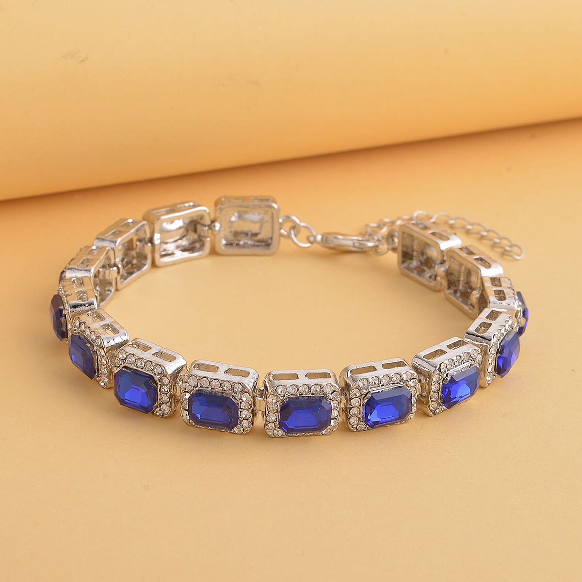 Blue Glass and Austrian Crystal Tennis Bracelet in Silvertone (7-9In) image number 1