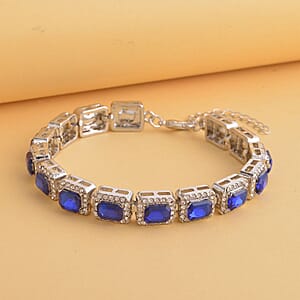 Blue Glass and Austrian Crystal Tennis Bracelet in Silvertone (7-9In)
