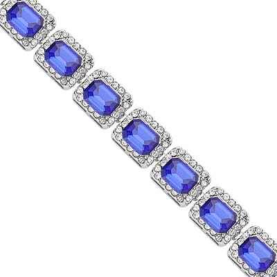 Blue Glass and Austrian Crystal Tennis Bracelet in Silvertone (7-9In)