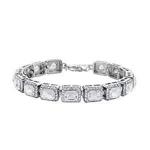 White Glass and Austrian Crystal Tennis Bracelet in Silvertone (7-9In)