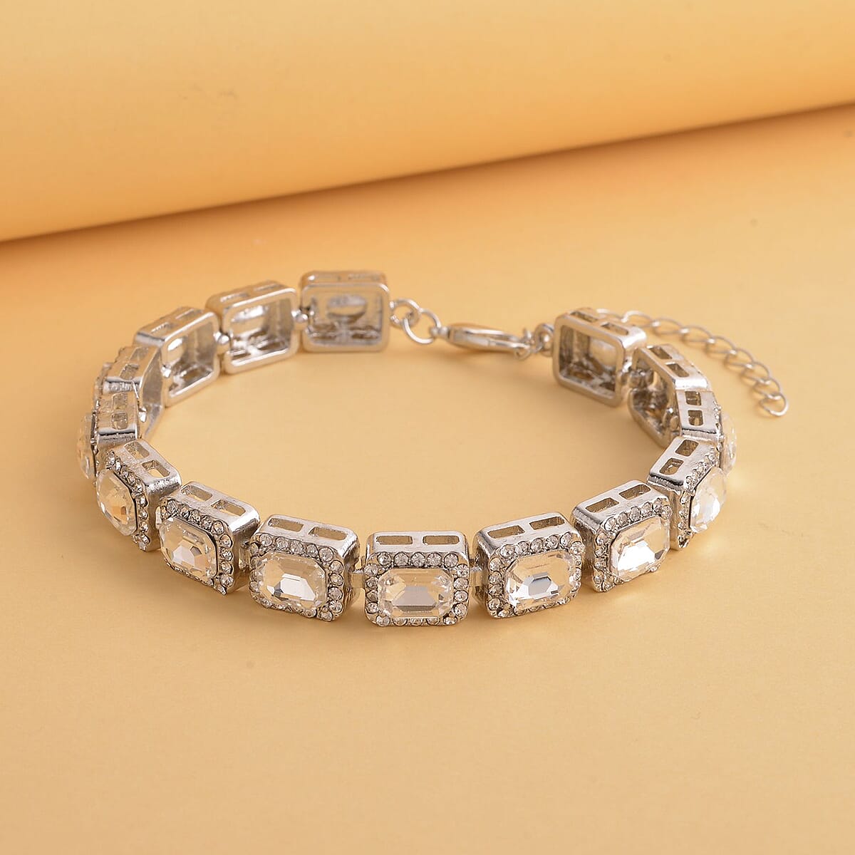 White Glass and Austrian Crystal Tennis Bracelet in Silvertone (7-9In) image number 1