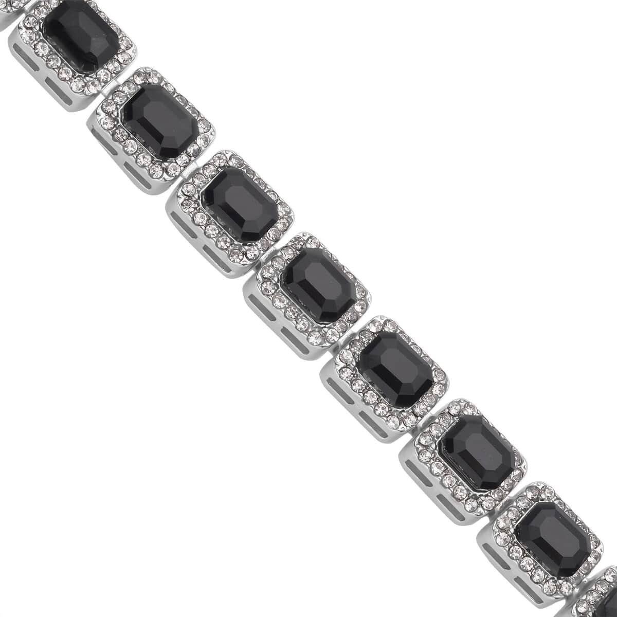 Black Glass and Austrian Crystal Tennis Bracelet in Silvertone (7-9In) image number 2