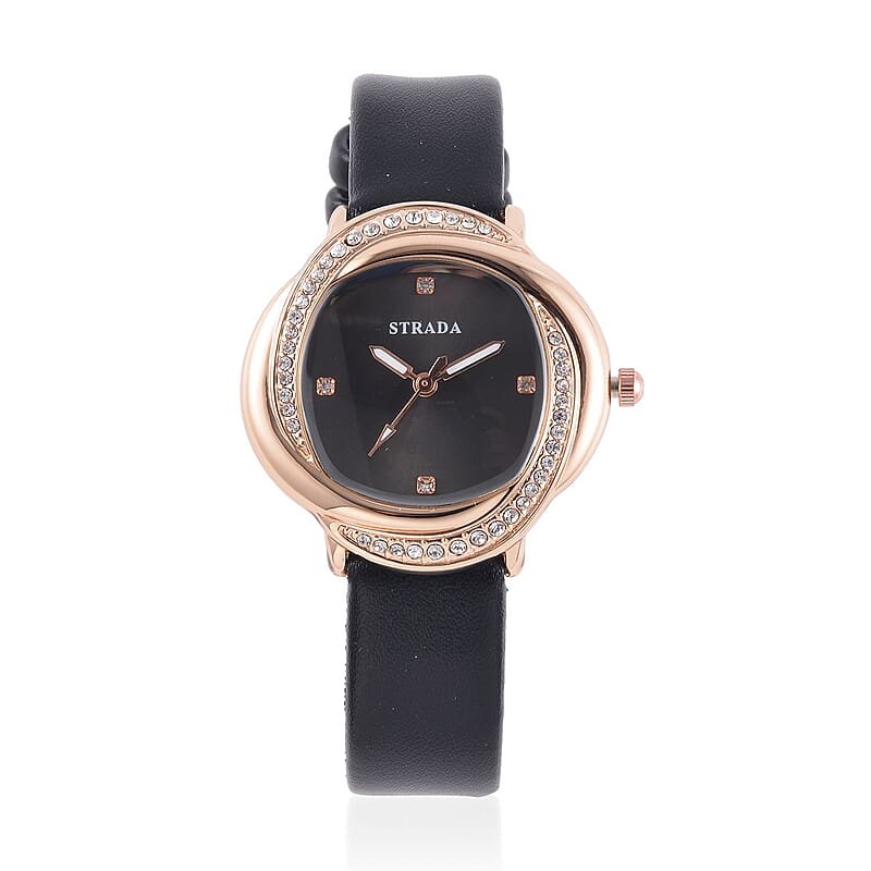 Strada Austrian Crystal Japanese Movement Watch with Red Faux Leather Strap (25.40mm) (6.0-7.5 Inches)