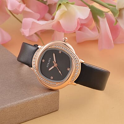 Strada Austrian Crystal Japanese Movement Watch with Red Faux Leather Strap (25.40mm) (6.0-7.5 Inches)