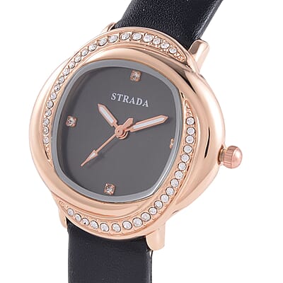 Strada Austrian Crystal Japanese Movement Watch with Red Faux Leather Strap (25.40mm) (6.0-7.5 Inches)