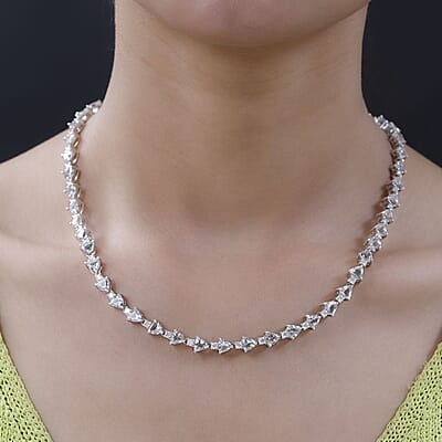 Mexican Hyalite Opal and Moissanite Tennis Necklace 18 Inches in Platinum Over Sterling Silver with Free UV Flash Light 20.00 ctw