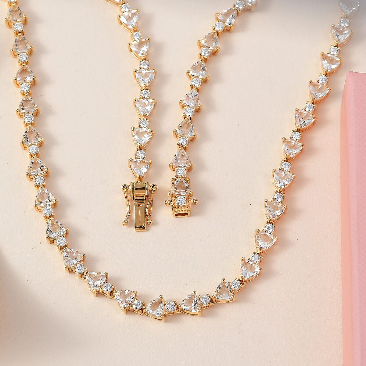 Mexican Hyalite Opal and Moissanite Tennis Necklace 18 Inches in Vermeil Yellow Gold Over Sterling Silver with Free Flash Light 20.00 ctw image number 1