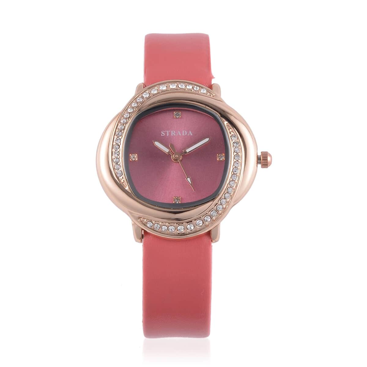 Strada Austrian Crystal Japanese Movement Watch with Red Faux Leather Strap (25.40mm) (6.0-7.5 Inches) image number 0