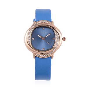 Strada Austrian Crystal Japanese Movement Watch with Blue Faux Leather Strap (25.40mm) (6.0-7.5 Inches)